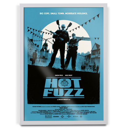 Movie poster for 'Hot Fuzz' with two characters silhouetted against a blue sky.