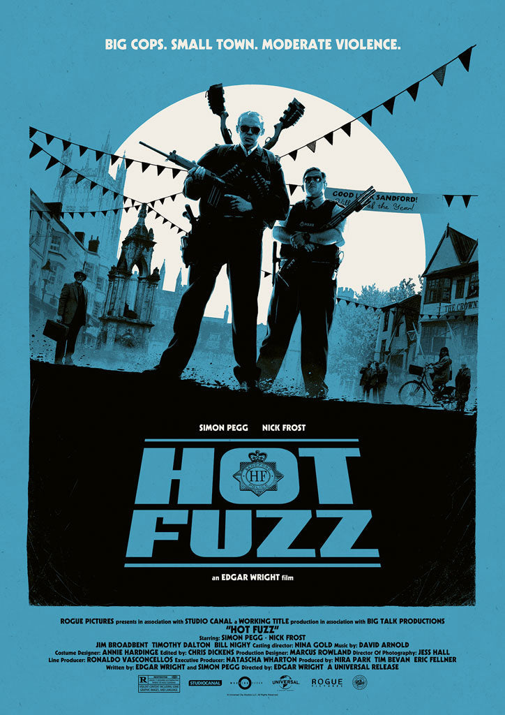 Movie poster for 'Hot Fuzz' with silhouettes of two characters against a blue sky.