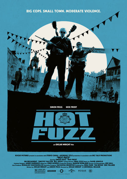 Movie poster for 'Hot Fuzz' with silhouettes of two characters against a blue sky.