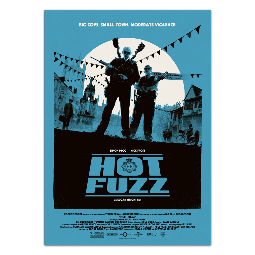 Movie poster for 'Hot Fuzz' with two characters in silhouette against a blue sky.