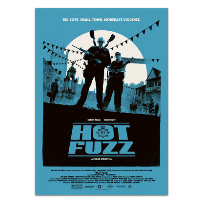 Movie poster for 'Hot Fuzz' with two characters in silhouette against a blue sky.