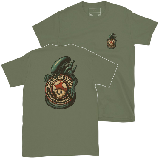 Military green T-shirt with front pocket-sized graphic and large back graphic of a xenomorph coiled around the McLaren Tee Hub logo.