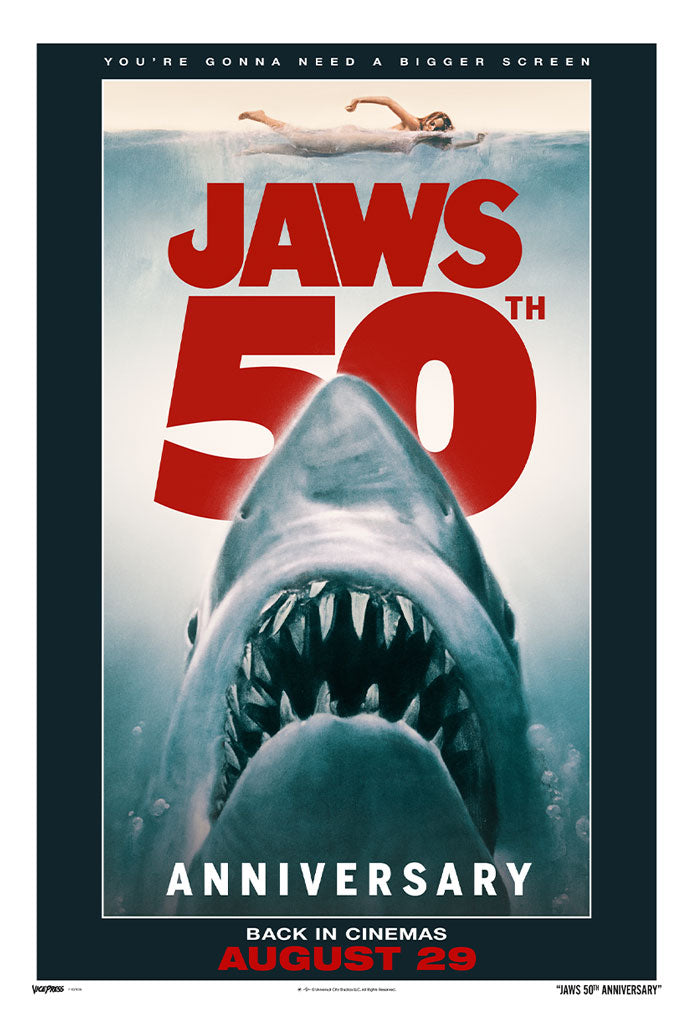 Promotional poster for Jaws 50th Anniversary with a shark and text about the film's return to cinemas.