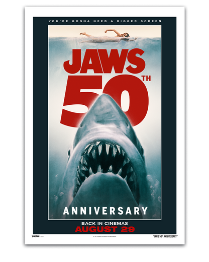 Promotional poster for Jaws 50th Anniversary with a shark and text about its return to cinemas.