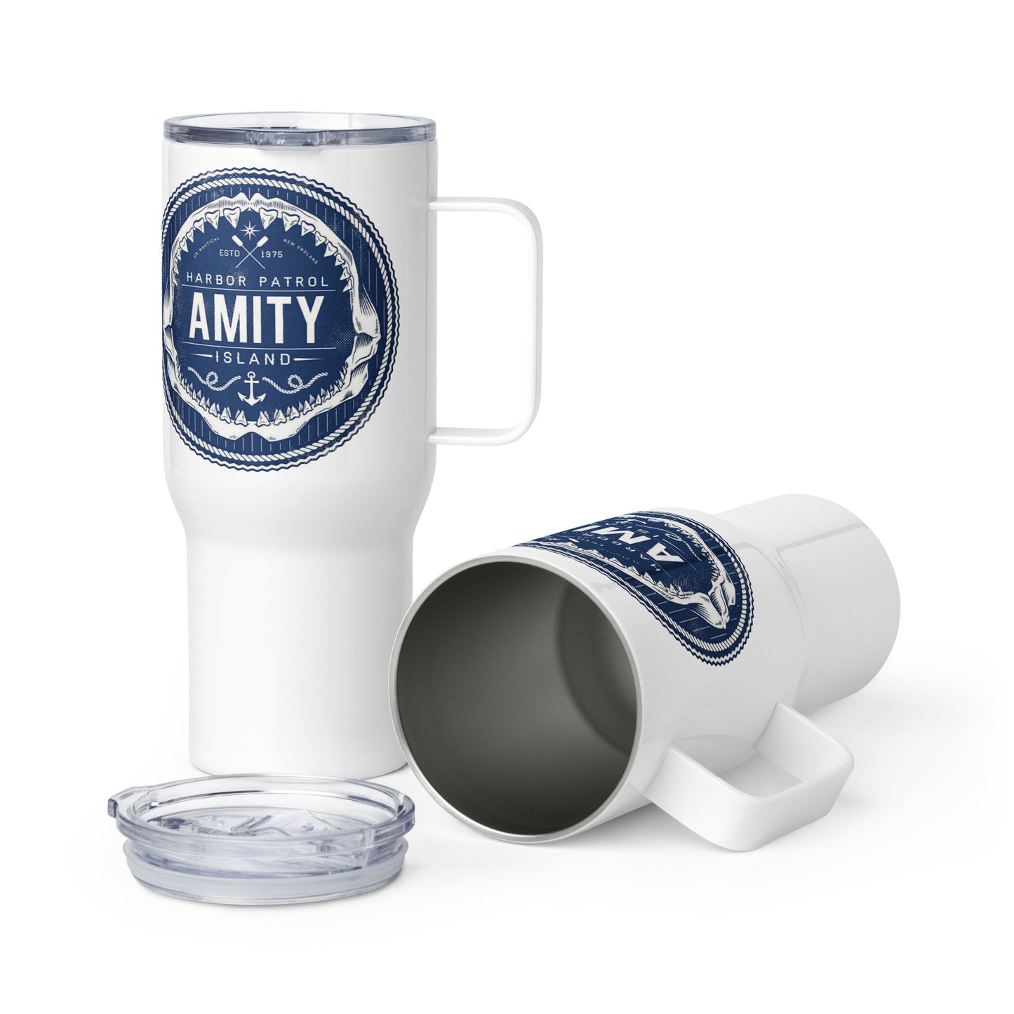 Jaws Thermal travel mug featuring a fictional Amity Island Harbour Patrol logo inspired by the 1975 Jaws movie.