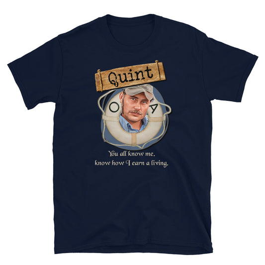 Graphic T-shirt featuring Quint from the 1975 Jaws movie, showcasing the iconic shark hunter in a detailed design.