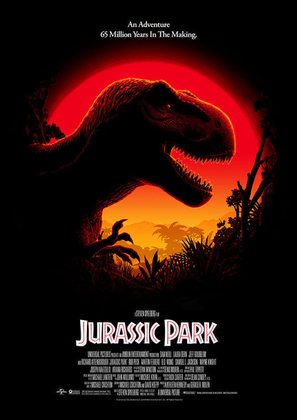Jurassic Park movie poster with a T-Rex silhouette against a red sky