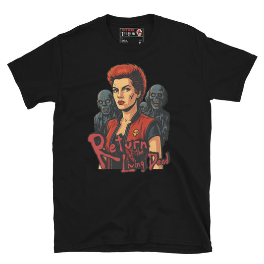 Black T-shirt featuring an illustration of Trash from Return of the Living Dead with zombies in the background and the movie's logo in red