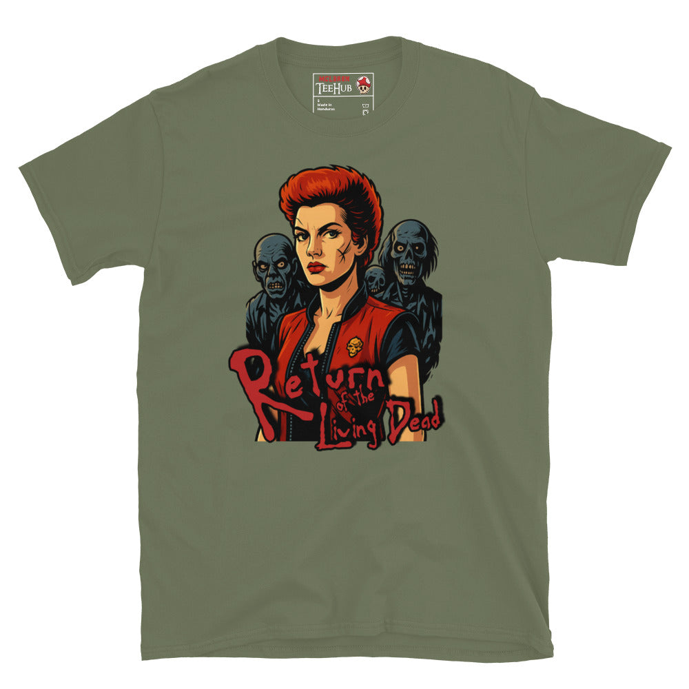 Military Green T-shirt featuring an illustration of Trash from Return of the Living Dead with zombies in the background and the movie's logo in red