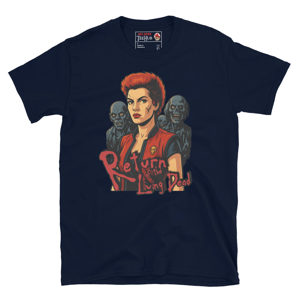 Navy T-shirt featuring an illustration of Trash from Return of the Living Dead with zombies in the background and the movie's logo in red