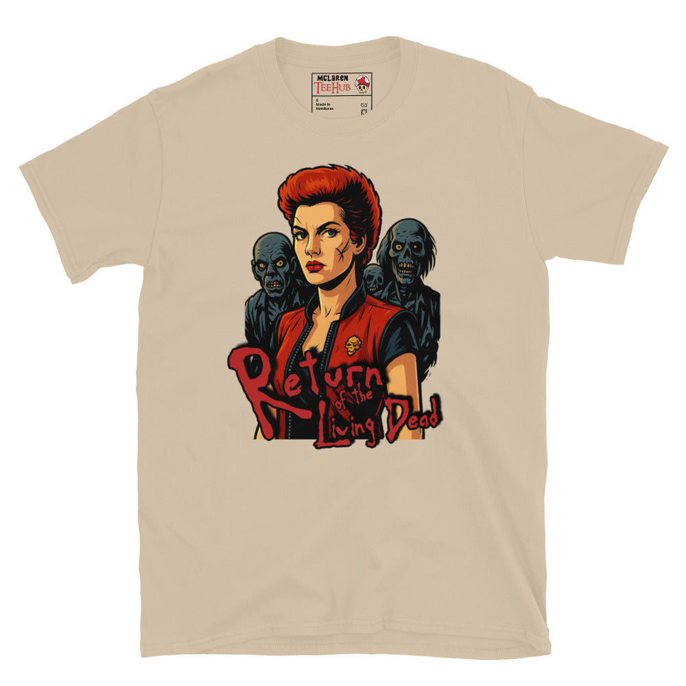 Sand T-shirt featuring an illustration of Trash from Return of the Living Dead with zombies in the background and the movie's logo in red