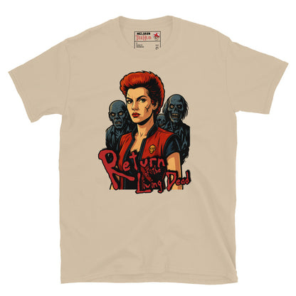 Sand T-shirt featuring an illustration of Trash from Return of the Living Dead with zombies in the background and the movie's logo in red