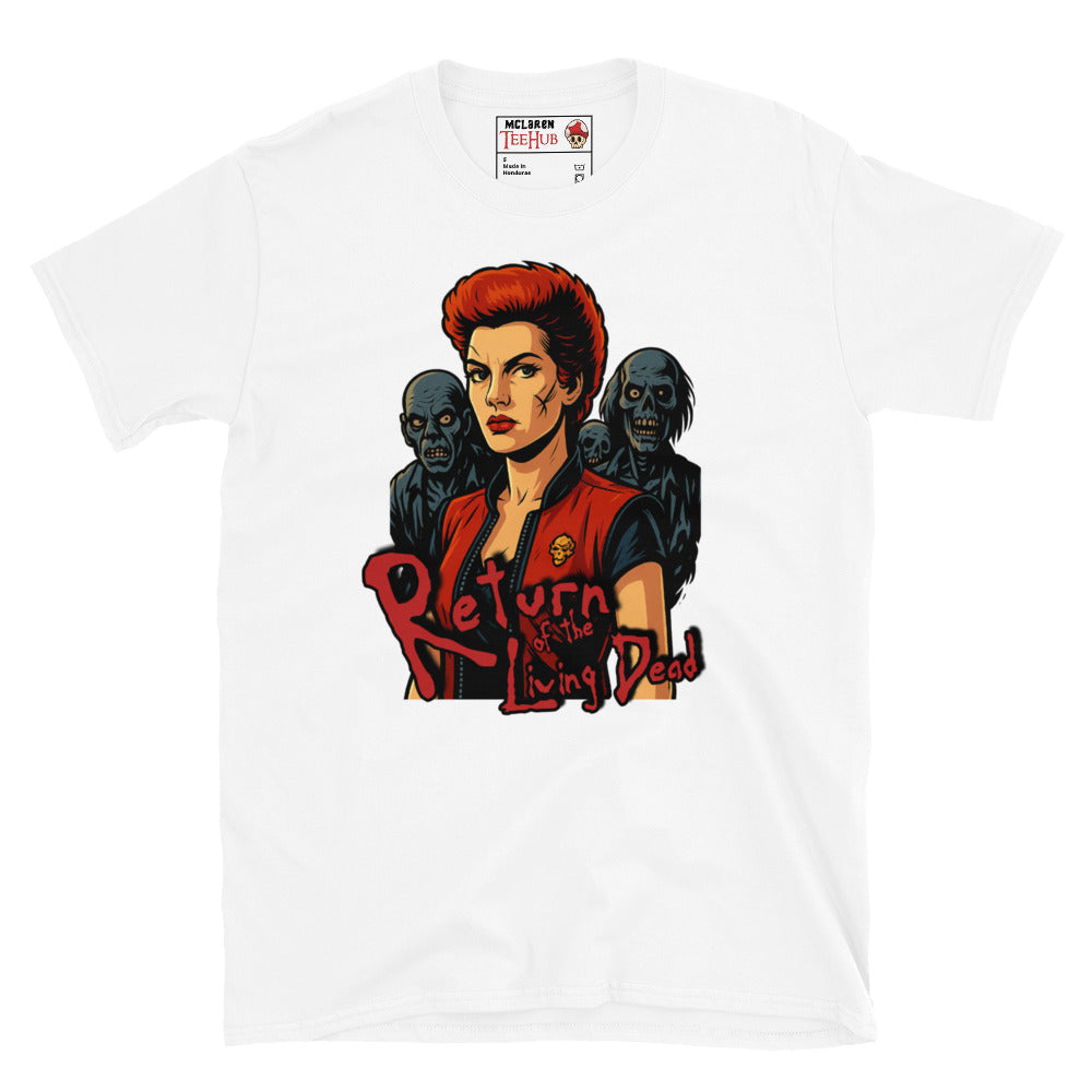 White T-shirt featuring an illustration of Trash from Return of the Living Dead with zombies in the background and the movie's logo in red