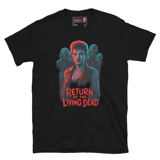 Black T-shirt with a neon-style illustration of Trash from Return of the Living Dead surrounded by zombies and the movie's title in red