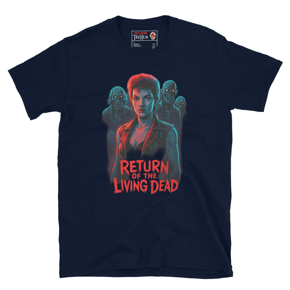 Navy T-shirt with a neon-style illustration of Trash from Return of the Living Dead surrounded by zombies and the movie's title in red."