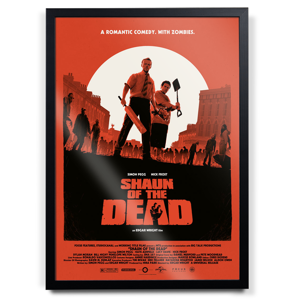 Movie poster for 'Shaun of the Dead' with a red background and black frame.