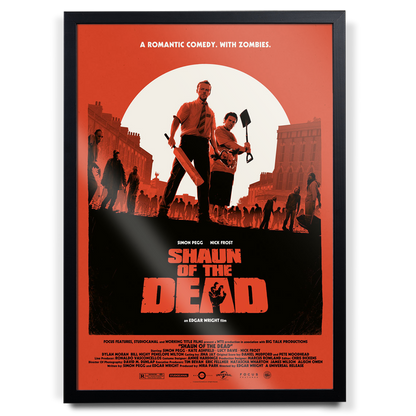 Movie poster for 'Shaun of the Dead' with a red background and black frame.