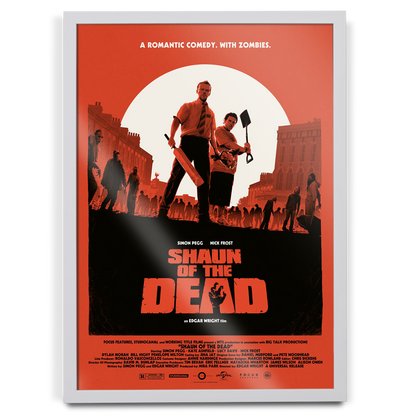 Movie poster for 'Shaun of the Dead' with two characters holding weapons against a red background.