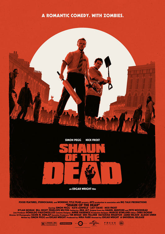 Movie poster for 'Shaun of the Dead' with two characters holding a chainsaw and baseball bat against a red background.