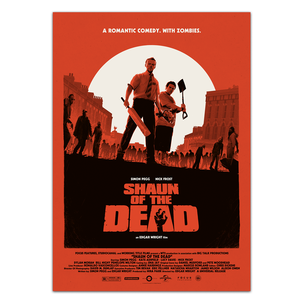 Movie poster for 'Shaun of the Dead' with two characters holding weapons against a red background.