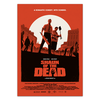 Movie poster for 'Shaun of the Dead' with two characters holding weapons against a red background.