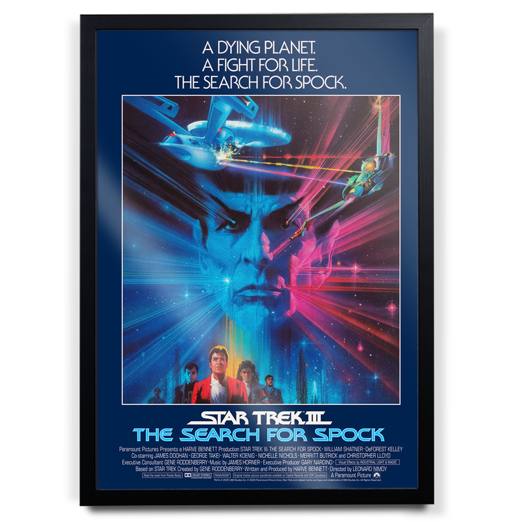 Star Trek III: The Search for Spock movie poster with spaceship and character images.
