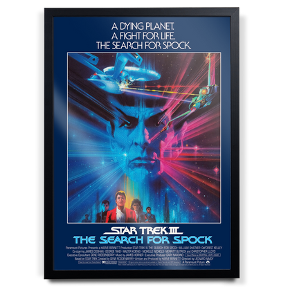 Star Trek III: The Search for Spock movie poster with spaceship and character images.