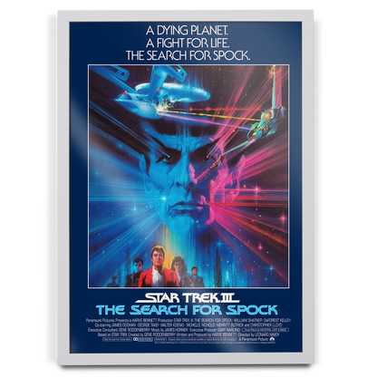 Movie poster for 'Star Trek III: The Search for Spock' with vibrant colors and text.