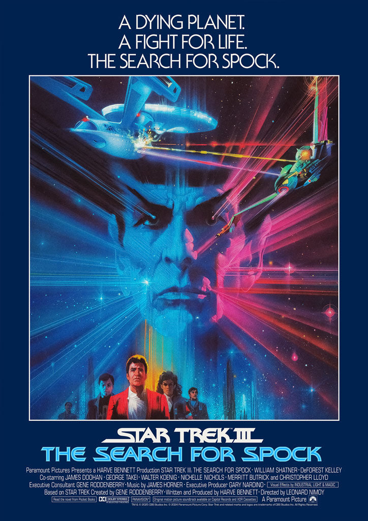 Movie poster for 'Star Trek III: The Search for Spock' with futuristic spaceship and character images.