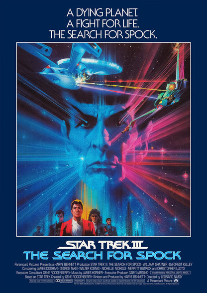 Movie poster for 'Star Trek III: The Search for Spock' with futuristic spaceship and character images.