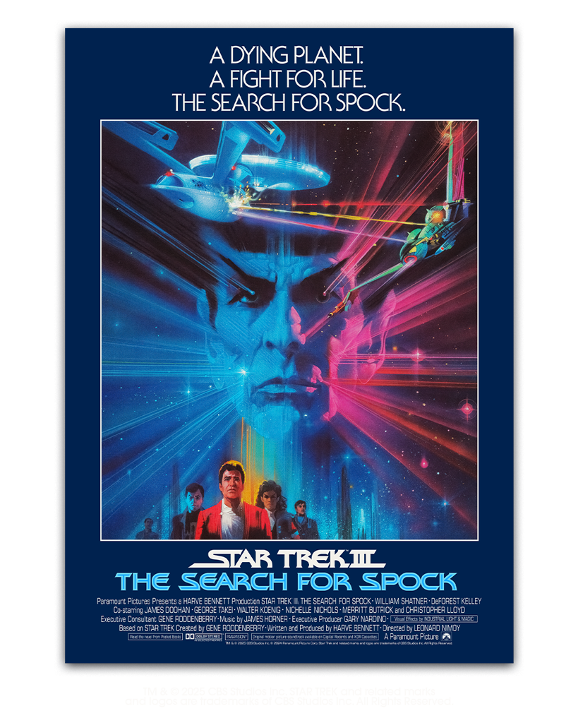 Movie poster for 'Star Trek III: The Search for Spock' with futuristic design and text.