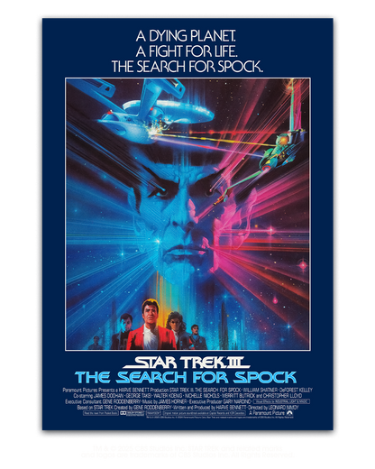 Movie poster for 'Star Trek III: The Search for Spock' with futuristic design and text.