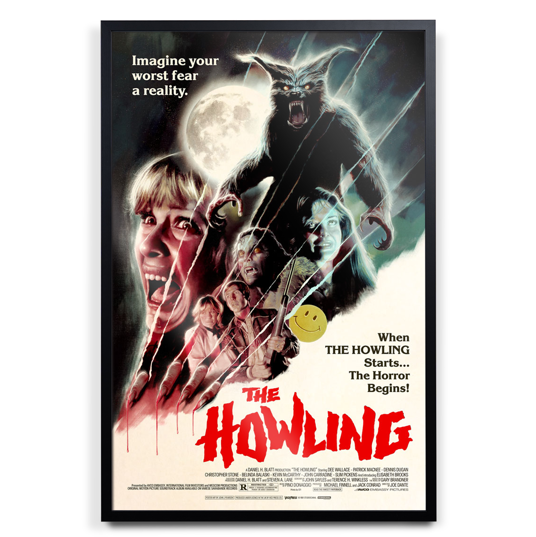 Movie poster for 'The Howling' with characters and wolf imagery.