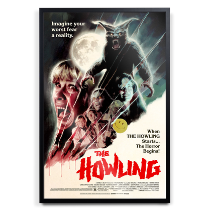 Movie poster for 'The Howling' with characters and wolf imagery.