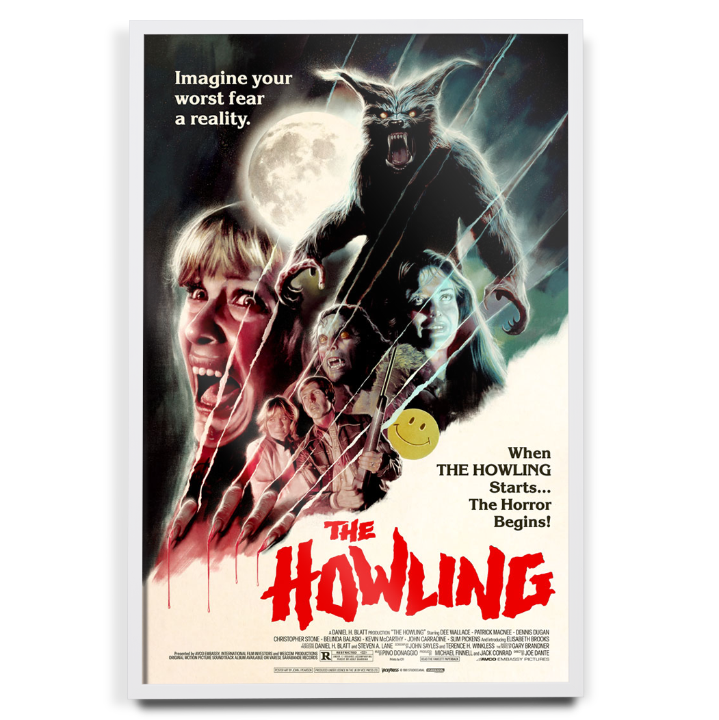 Movie poster for 'The Howling' with a werewolf and human characters against a dark background.