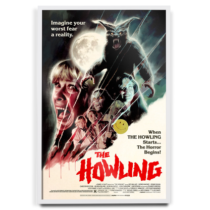 Movie poster for 'The Howling' with a werewolf and human characters against a dark background.