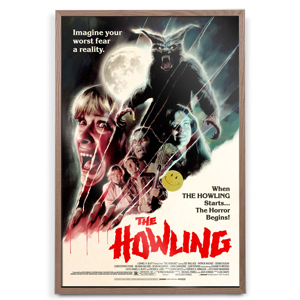 Movie poster for 'The Howling' with a werewolf and human characters against a moonlit sky.