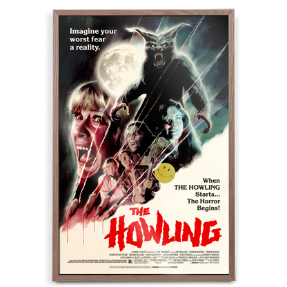 Movie poster for 'The Howling' with a werewolf and human characters against a moonlit sky.
