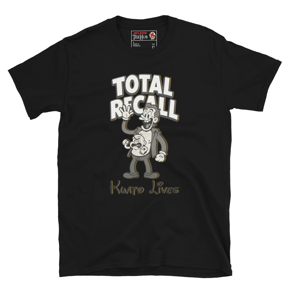 Black T-shirt featuring a vintage cartoon-style illustration of Kuato from Total Recall with the text 'Kuato Lives' and 'Total Recall' above