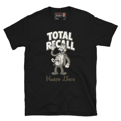 Black T-shirt featuring a vintage cartoon-style illustration of Kuato from Total Recall with the text 'Kuato Lives' and 'Total Recall' above