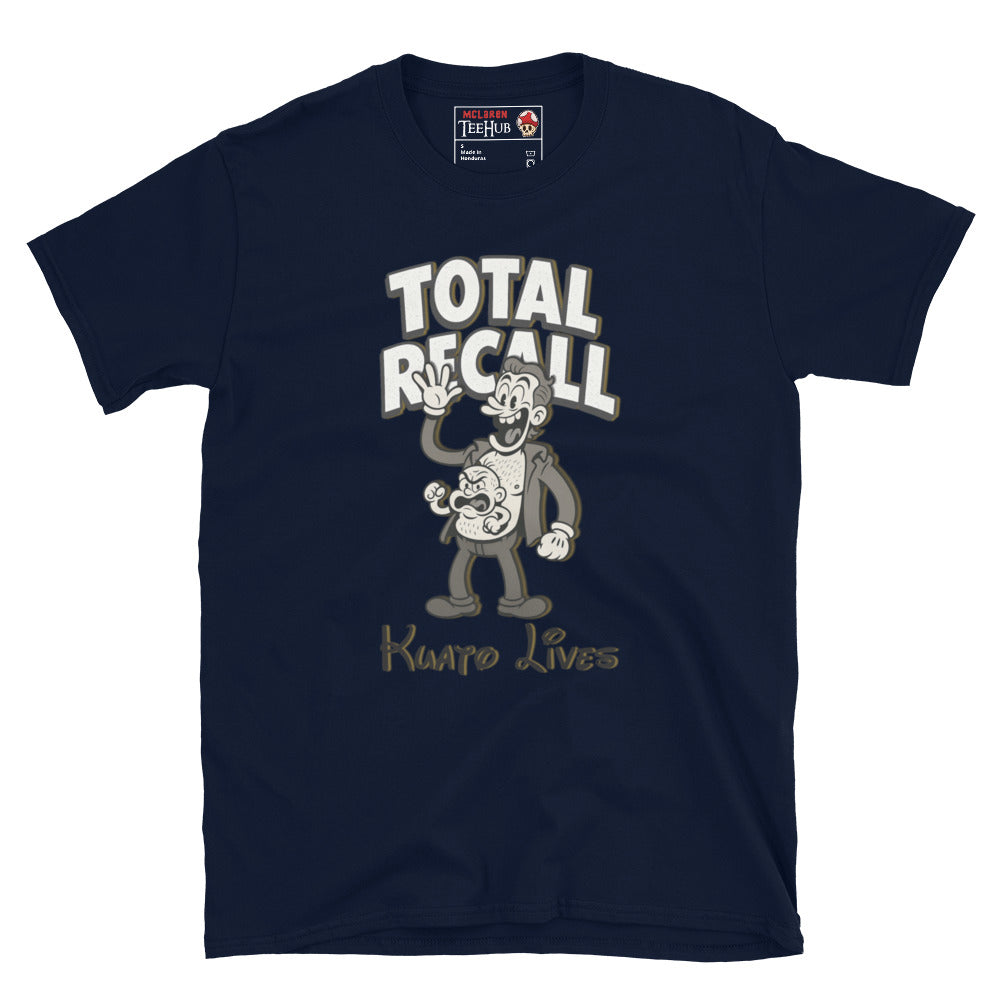 Navy T-shirt featuring a vintage cartoon-style illustration of Kuato from Total Recall with the text 'Kuato Lives' and 'Total Recall' above
