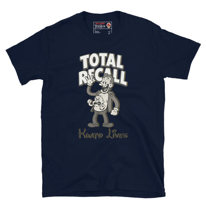 Navy T-shirt featuring a vintage cartoon-style illustration of Kuato from Total Recall with the text 'Kuato Lives' and 'Total Recall' above