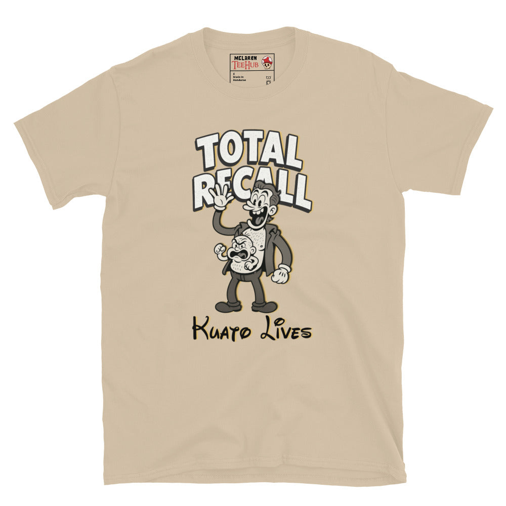 Sand T-shirt featuring a vintage cartoon-style illustration of Kuato from Total Recall with the text 'Kuato Lives' and 'Total Recall' above