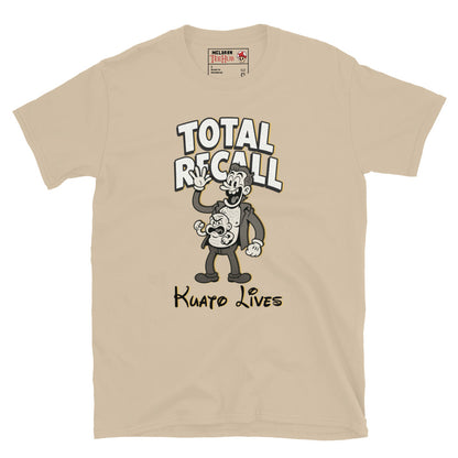 Sand T-shirt featuring a vintage cartoon-style illustration of Kuato from Total Recall with the text 'Kuato Lives' and 'Total Recall' above