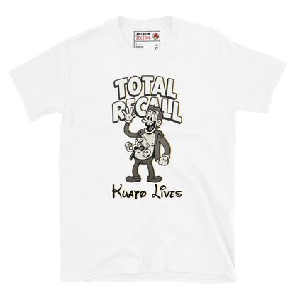 White T-shirt featuring a vintage cartoon-style illustration of Kuato from Total Recall with the text 'Kuato Lives' and 'Total Recall' above