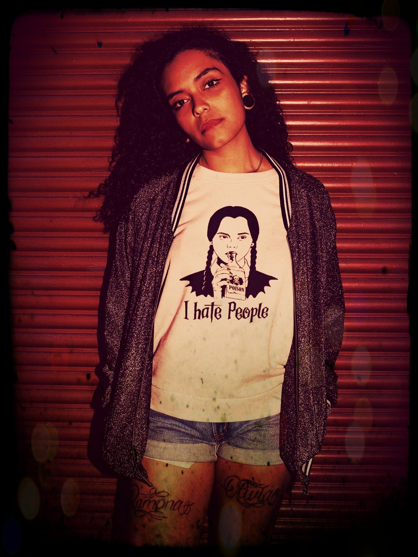 Wednesday Addams, I Hate People T-Shirt White on beautiful girl