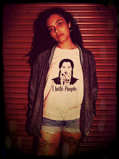 Wednesday Addams, I Hate People T-Shirt White on beautiful girl