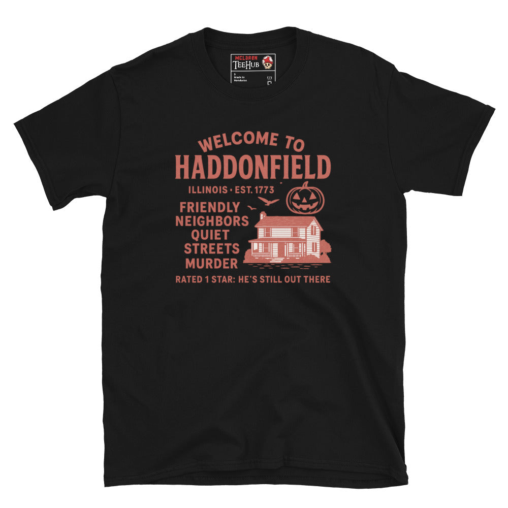 "Welcome To Haddonfield" Halloween Movie T-Shirt Black