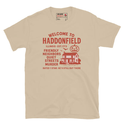 "Welcome To Haddonfield" Halloween Movie T-Shirt Sand