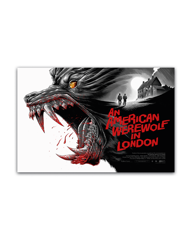 Movie poster for 'An American Werewolf in London' featuring a werewolf and two people walking away from a building.